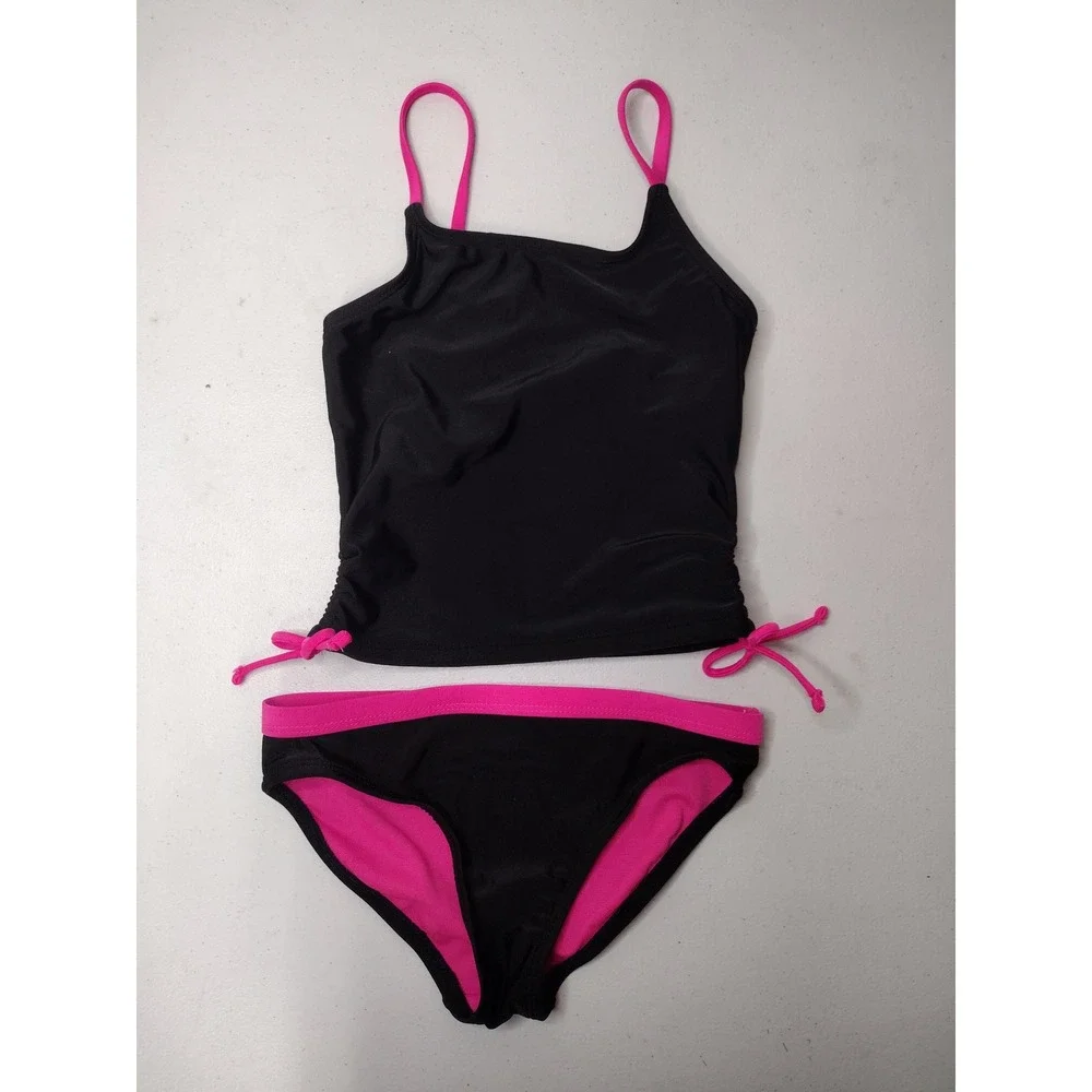 Wonder Nation Girls Black Hot Pink Cinch Side Tankini Swimsuit Set Size S 6-6X